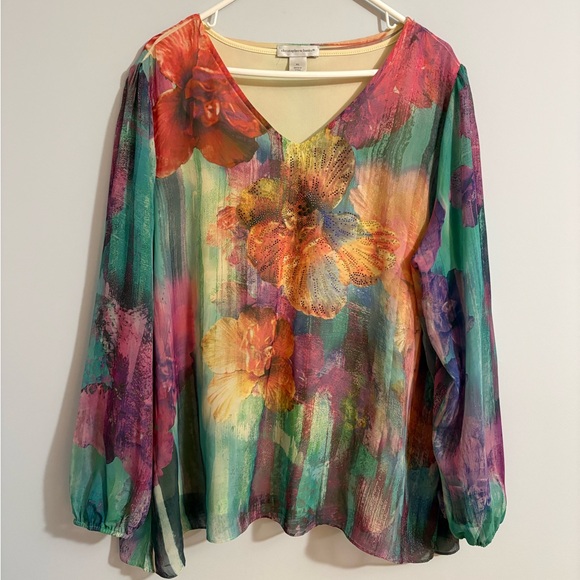 Christopher & Banks Tops - Christopher & Banks Floral V-neck Blouse Sheer Rhinestones Watercolor XL Lined